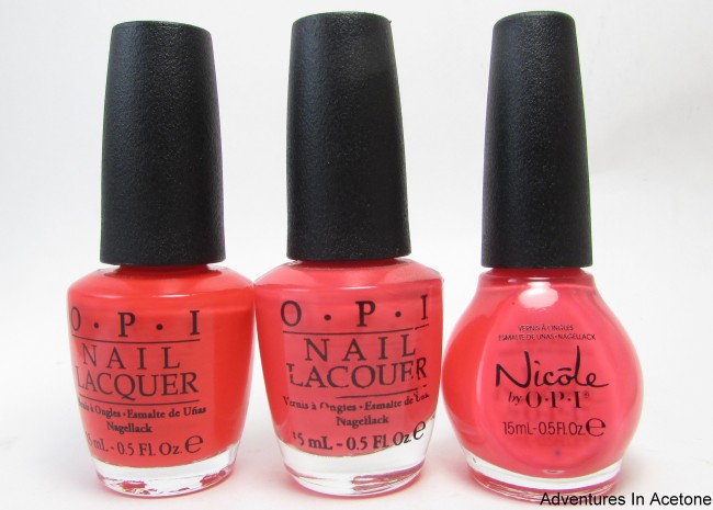 OPI Aloha From OPI, OPI Live.Love.Carnaval, and Nicole by OPI The Coral of the Story Comparison Post 1