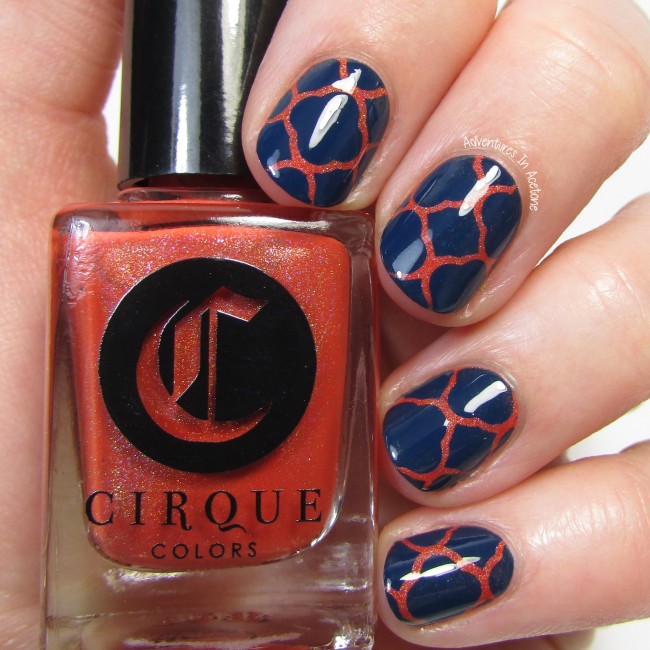 Cirque Colors Tangerine Dream and Selvedge Quatrefoil vinyl nail art 1