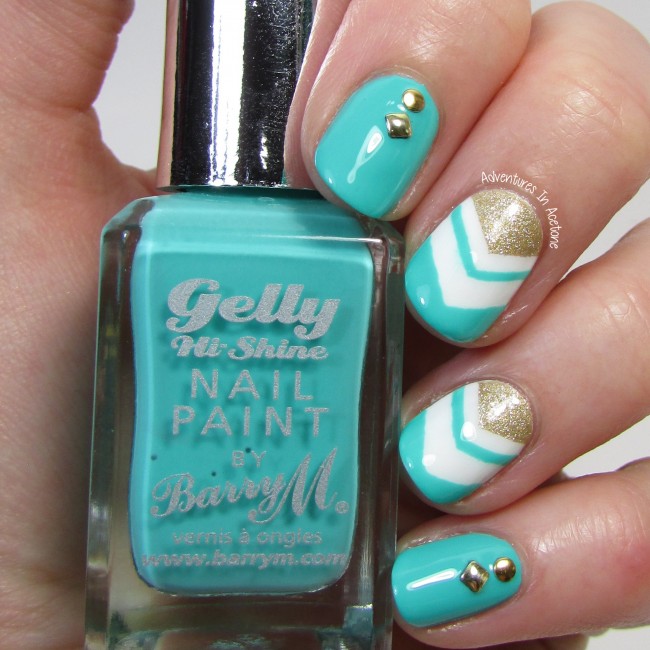 turquoise and gold chevrons and studs nail art 2