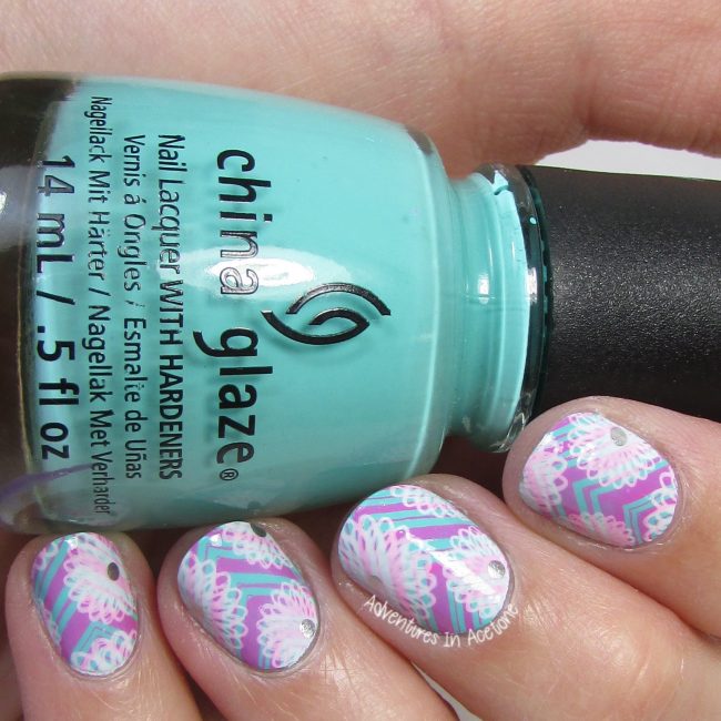 Pink and Aqua Floral and Chevrons Nail Art 1-001