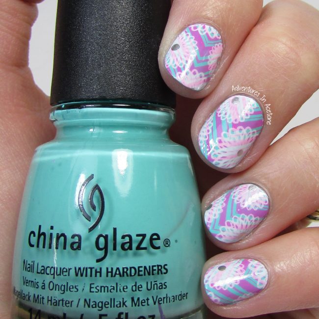 Pink and Aqua Floral and Chevrons Nail Art 2